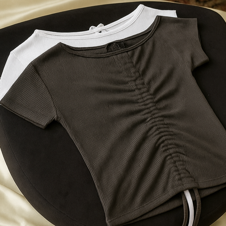 کراپ آستین کوتاه سرشانه گت دار پارچه کبریتی